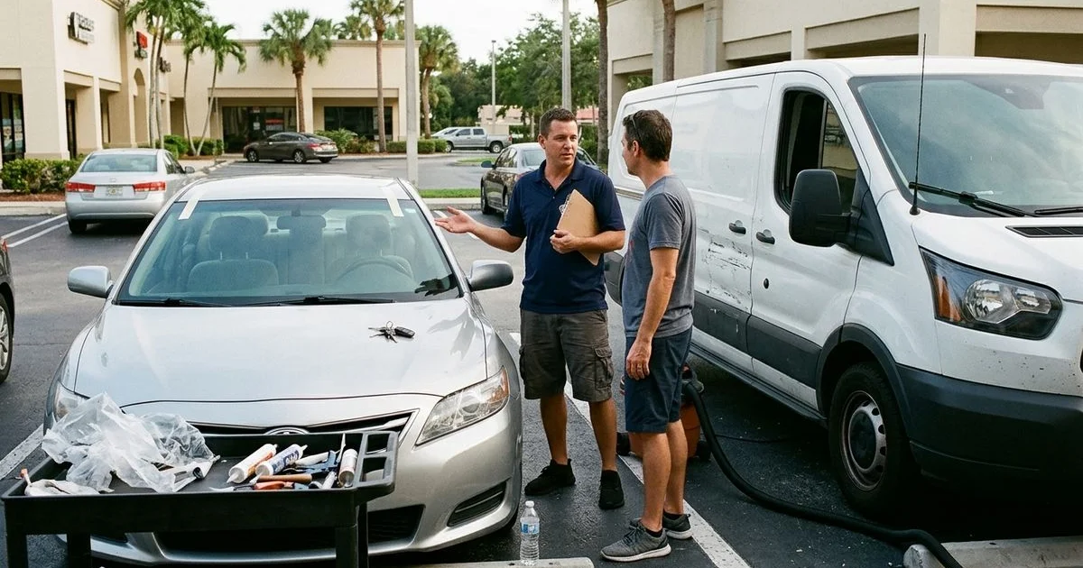 ClearShield technician and customer beside a service van after a completed insurance-billed replacement